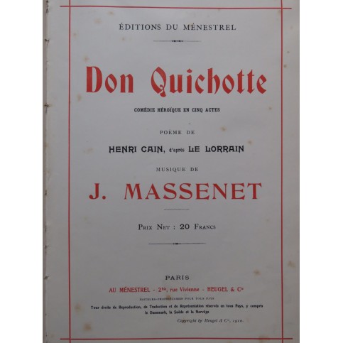 MASSENET Jules Don Quichotte Opéra Chant Piano 1910