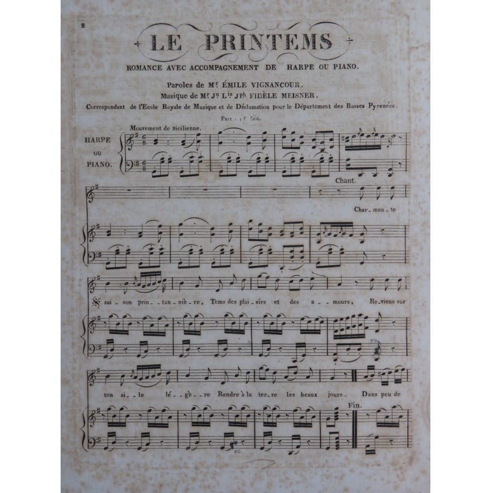 MEISNER Jean Louis Joseph Fidèle Le Printemps Chant Piano ou Harpe ca1820