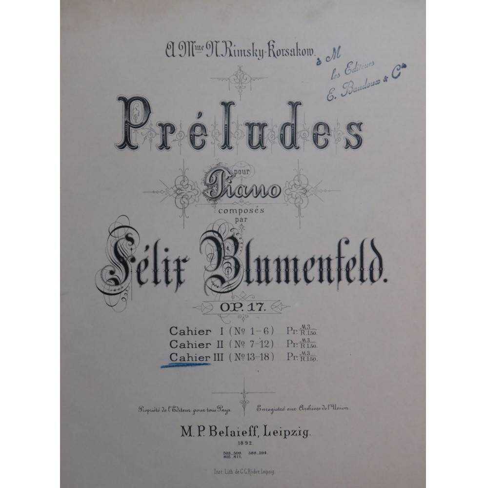 BLUMENFELD Félix Six Préludes 3e Cahier op 17 Piano 1892