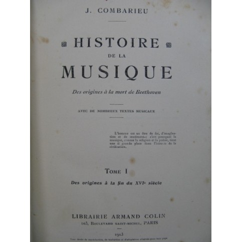 COMBARIEU Jules Histoire de la Musique 1913