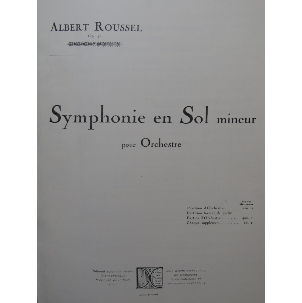 ROUSSEL Albert Symphonie en Sol mineur Orchestre