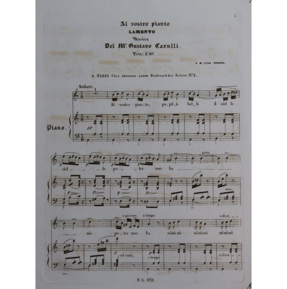 CARULLI Gustave Al vostro pianto Chant Piano ca1840