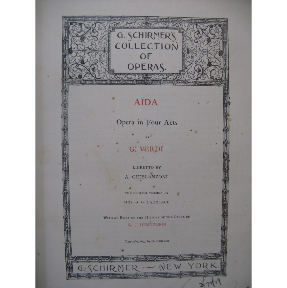 VERDI Giuseppe Aïda Opéra italien anglais Chant Piano 1897