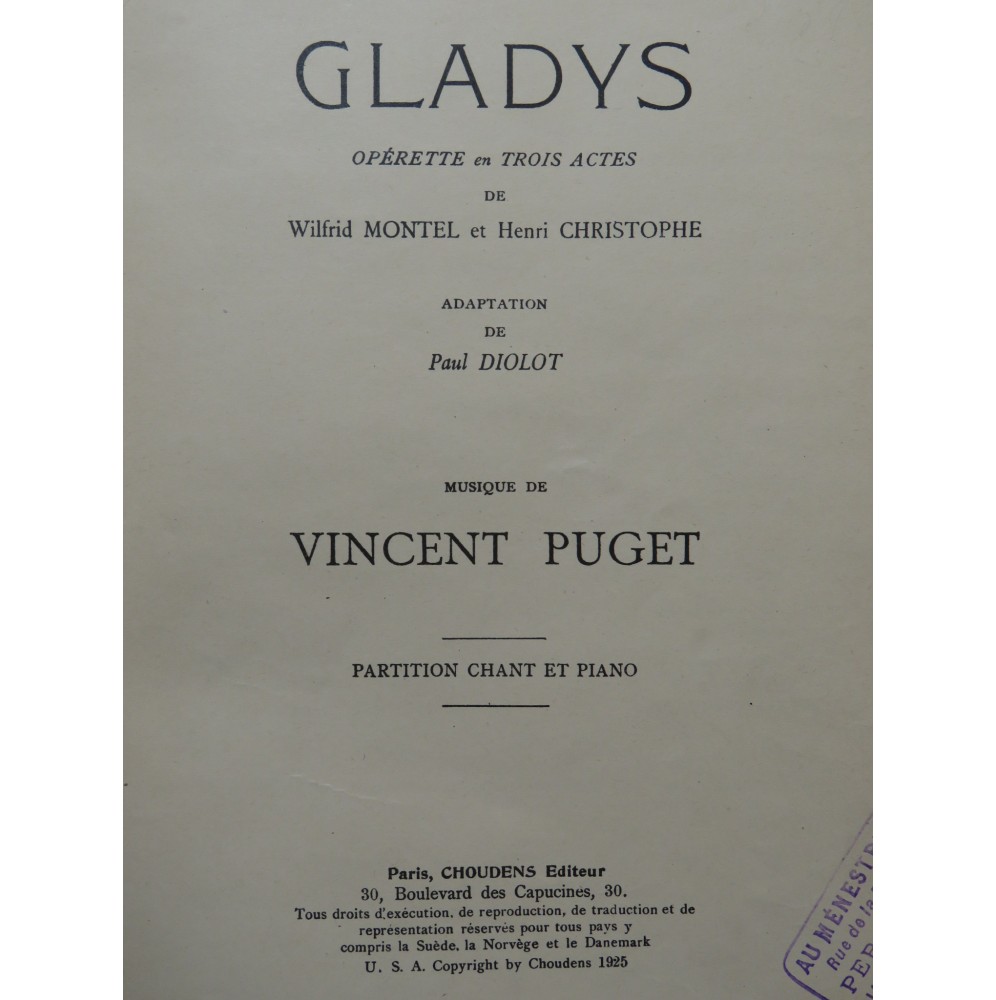 PUGET Vincent Gladys Opérette Chant Piano 1925
