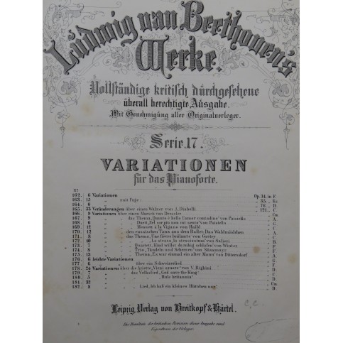 BEETHOVEN Variations Piano ca1865