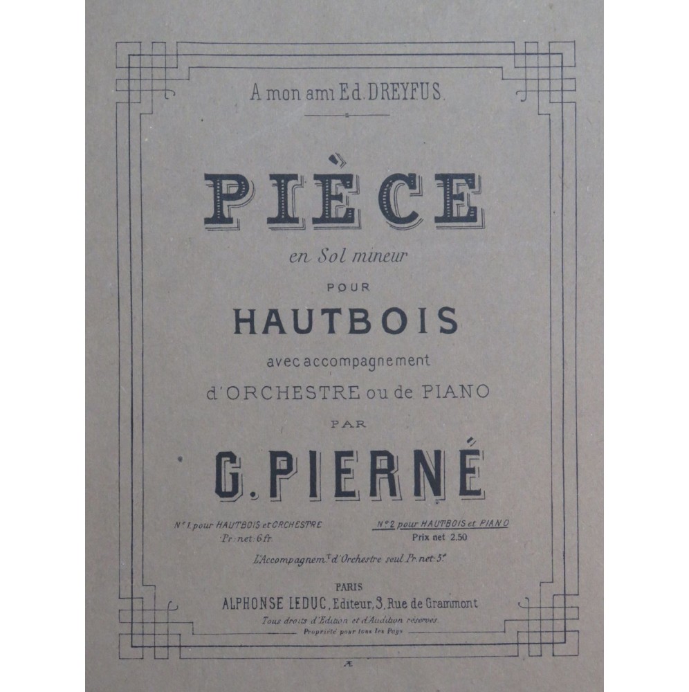 PIERNÉ Gabriel Pièce en Sol mineur Hautbois Piano ou Orchestre ca1885