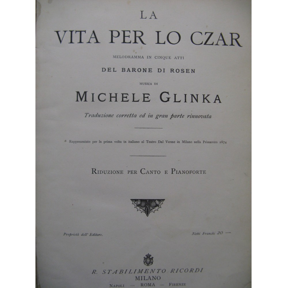 GLINKA Michele La vita per lo Czar Opéra Chant Piano ca1875