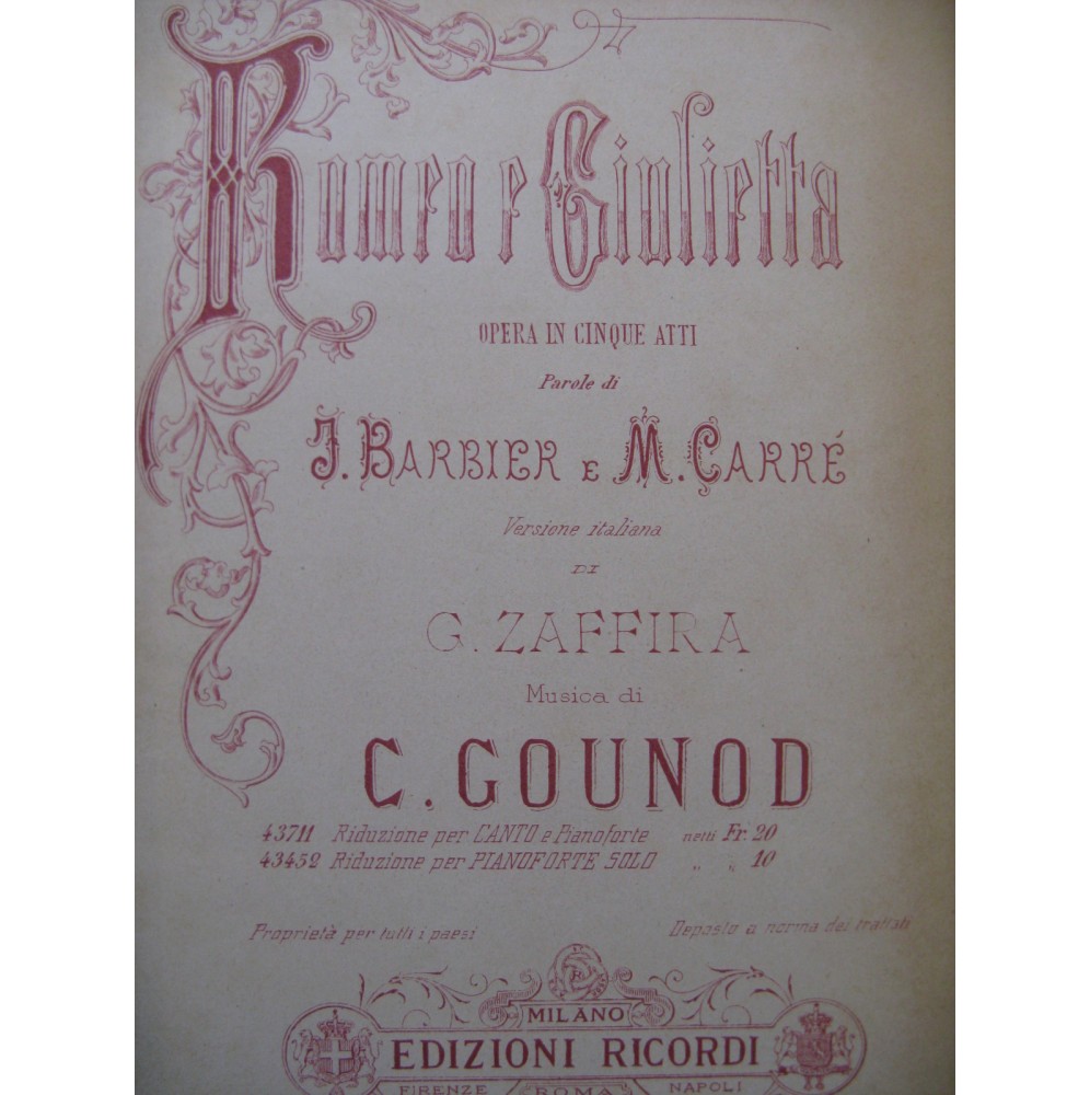 GOUNOD Charles Romeo e Giulietta Opéra Chant Piano 1874