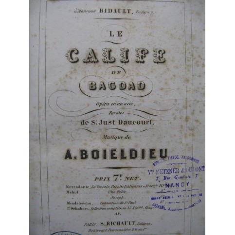 BOIELDIEU Adrien Le Calife de Bagdad Opéra Chant Piano ca1850