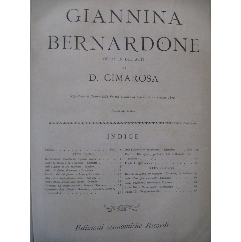 CIMAROSA Domenico Giannina e Bernardone Opéra Piano XIXe