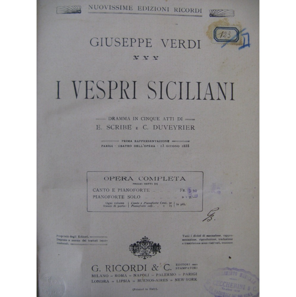 VERDI Giuseppe I Vespri Siciliani Opéra Chant Piano ca1885