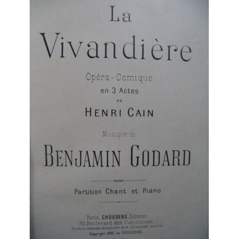 GODARD Benjamin La Vivandière Opera Piano Chant 1895