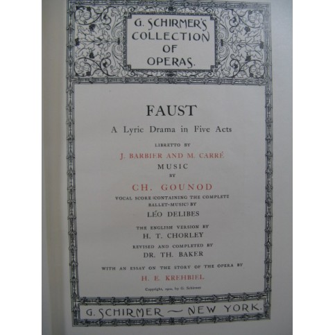 GOUNOD Charles Faust Opéra Anglais Chant Piano 1902