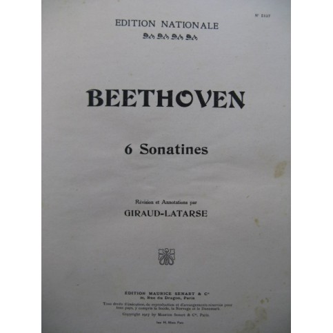 BEETHOVEN 6 Sonatines Piano 1917