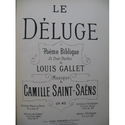 SAINT-SAËNS Camille Le Déluge Opéra Chant Piano ca1875