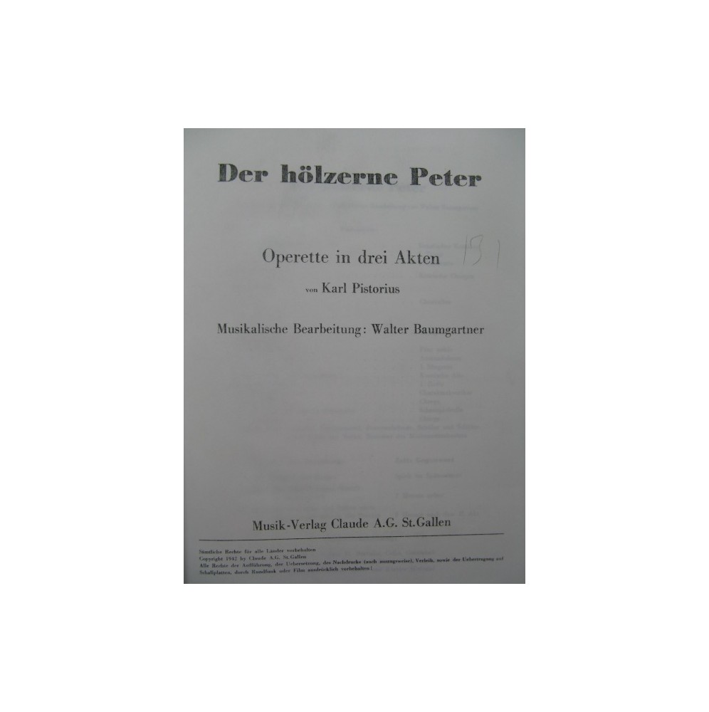 PISTORIUS Karl Der Hölzerne Peter Opérette