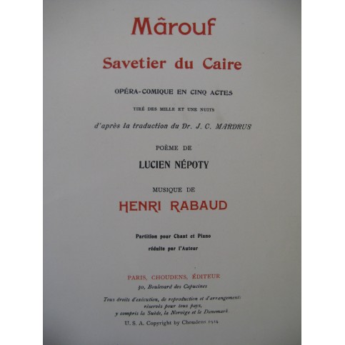 RABAUD Henri Mârouf Savetier du Caire Opéra 1914
