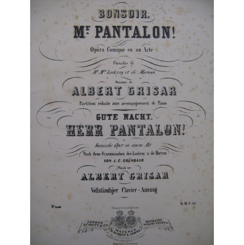 GRISAR Albert Bonsoir Mr Pantalon Opéra Chant Piano 1852