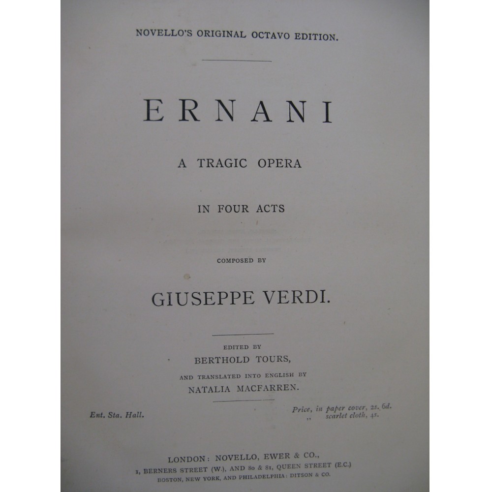 VERDI Giuseppe Ernani Opéra Anglais Italien Chant Piano XIXe