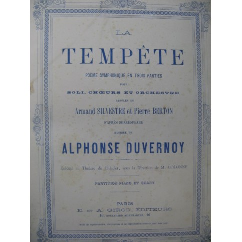 DUVERNOY Alphonse La Tempête Opera Chant Piano 1880