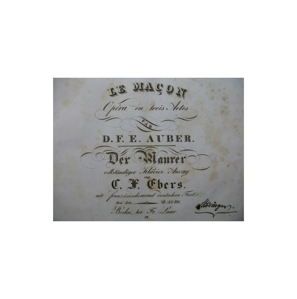 AUBER D. F. E. Le Maçon Opera Chant Piano ca1825