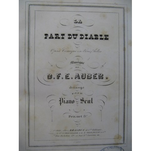 AUBER D. F. E. La Part du Diable Opéra Piano solo ca1850