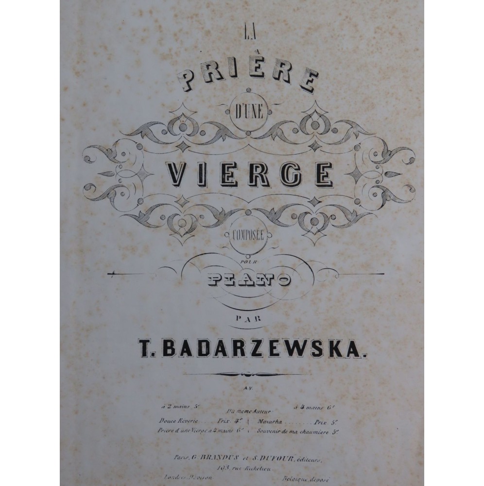 BADARZEWSKA Tekla La Prière d'une Vierge Piano ca1860