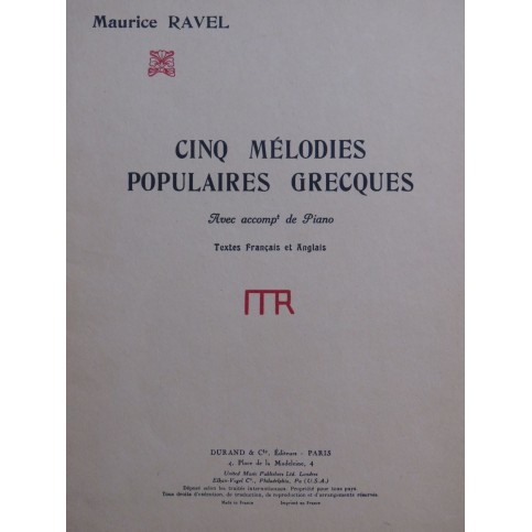 RAVEL Maurice Cinq Mélodies Populaires Grecques Chant Piano 1968
