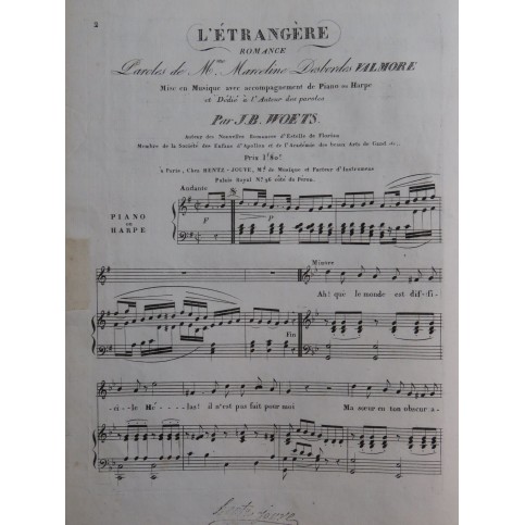 WOETS Joseph Bernard L'Étrangère Chant Piano ou Harpe ca1830