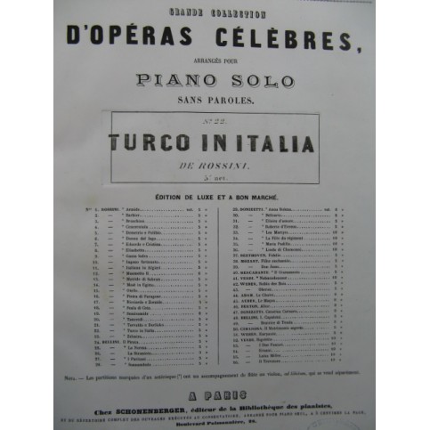 ROSSINI G. Il Turco in Italia Opera Piano solo XIXe