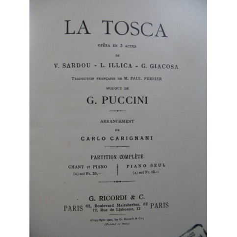 PUCCINI Giacomo La Tosca Opéra Piano Chant 1902
