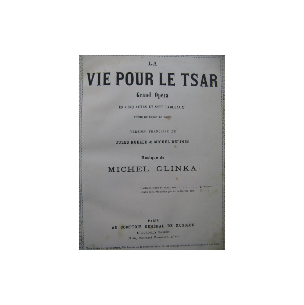 GLINKA Michel La Vie pour le Tsar Opera Chant Piano XIXe