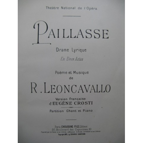LEONCAVALLO R. Paillasse Opera Piano Chant ca1902