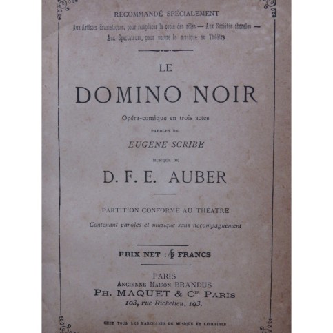 AUBER D. F. E. Le Domino Noir Opéra Chant XIXe