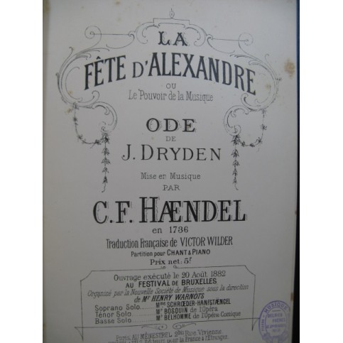 HAENDEL G. F. La Fête d'Alexandre Chant Piano XIXe