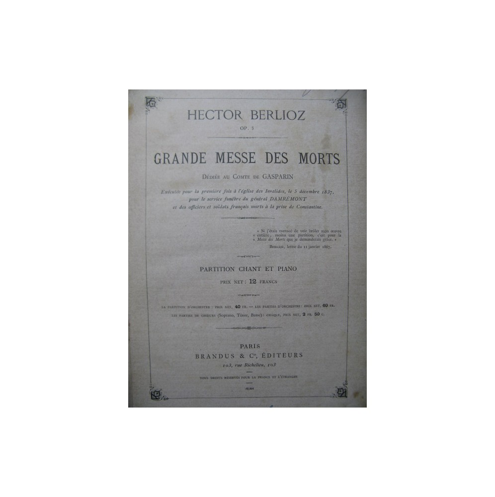 BERLIOZ Hector Requiem Grande Messe des Morts ca1885