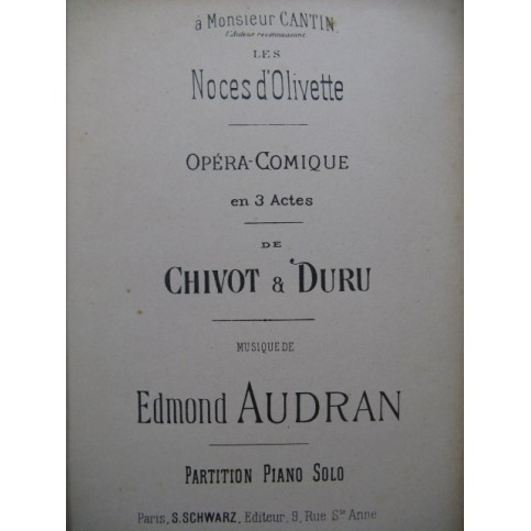 AUDRAN Edmond Les Noces d'Olivette Opera Piano solo XIXe