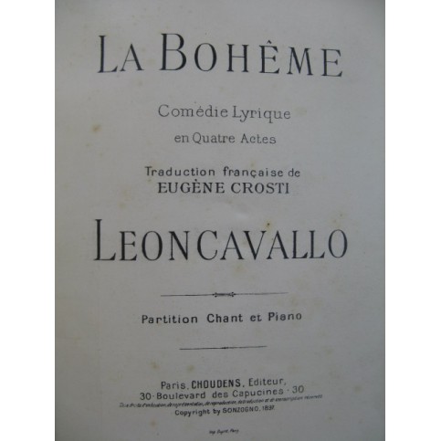 LÉONCAVALLO R. La Bohème Opéra Chant Piano 1897