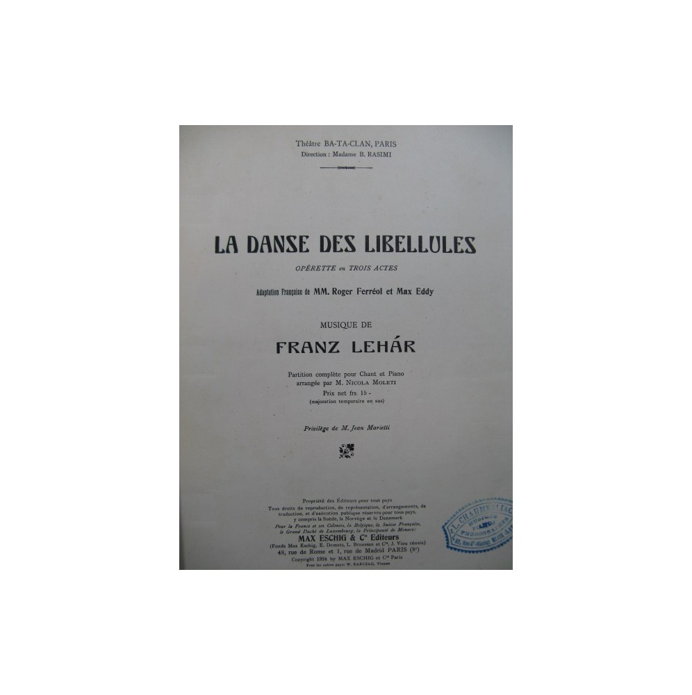 LEHAR Franz La Danse des Libellules Opérette 1924