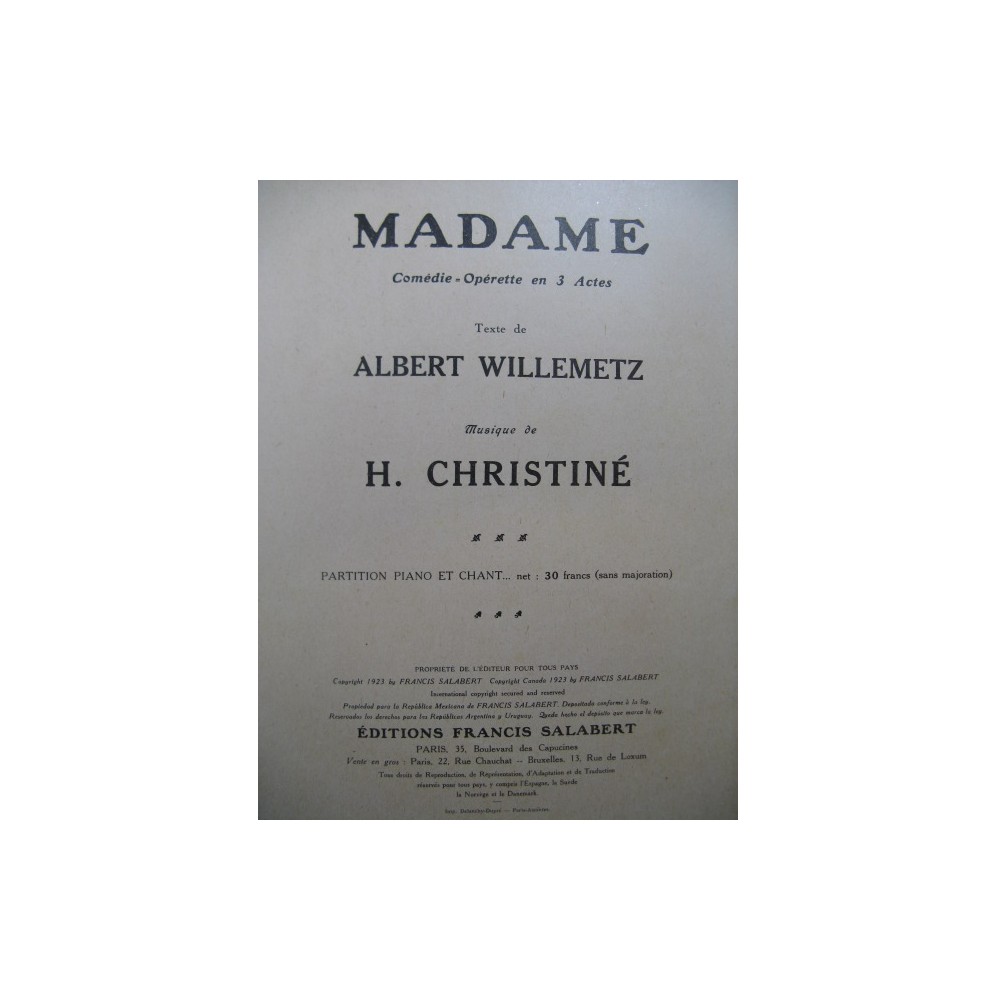 CHRISTINÉ Henri Madame Opérette Chant Piano 1923