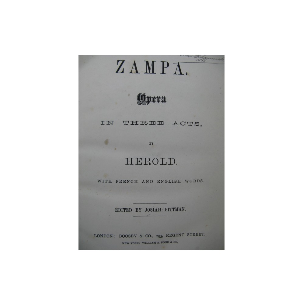 HEROLD Ferdinand Zampa Opera Chant Piano XIXe