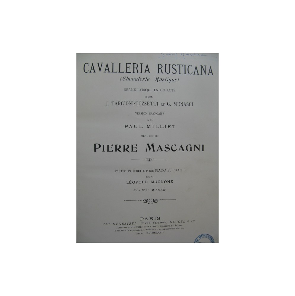 MASCAGNI Pietro Cavalleria Rusticana Drame Chant Piano 1900