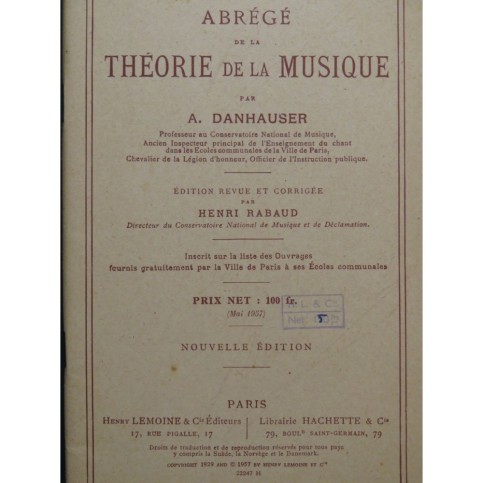 DANHAUSER Adolphe Théorie de la Musique Abrégé 1957
