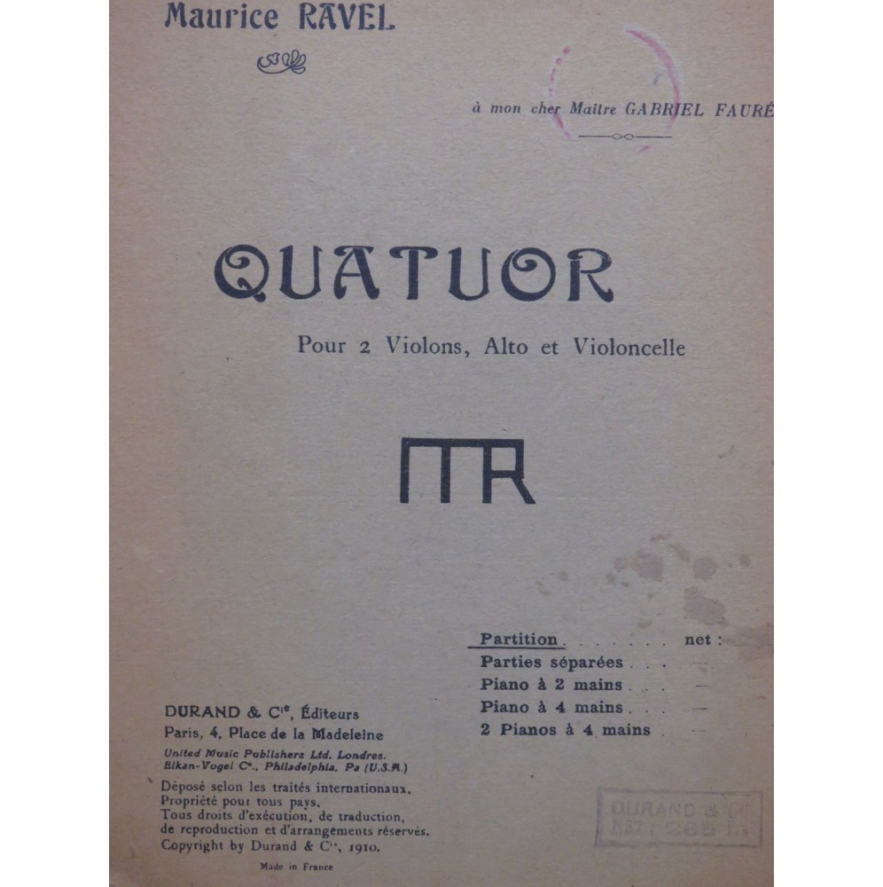RAVEL Maurice Quatuor Violon Alto Violoncelle 1947
