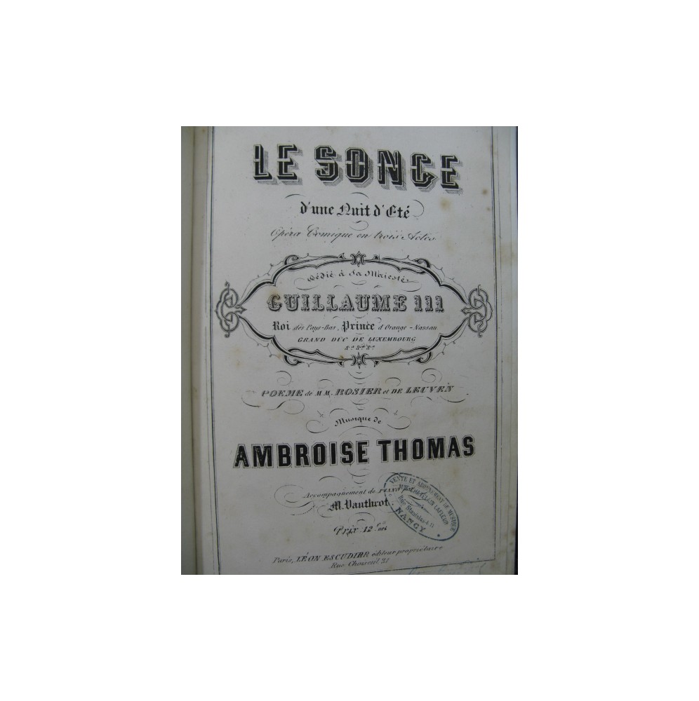 THOMAS Ambroise Le Songe d'une Nuit d'été Opera Chant Piano XIXe