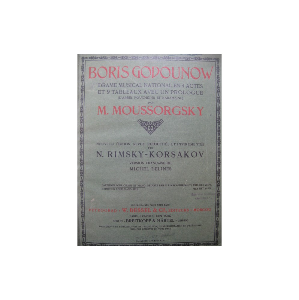 MOUSSORGSKY M. Boris Godounov Opera Chant Piano 1908