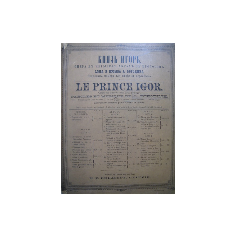 BORODINE Alexandre Le Prince Igor Opera Chant Piano 1889