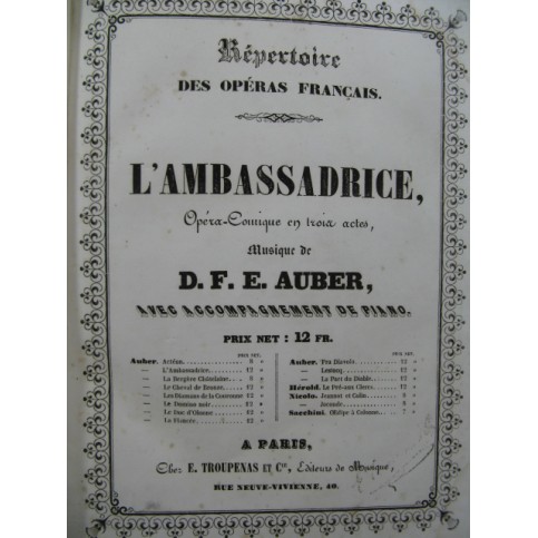 AUBER D. F. E. L'Ambassadrice La Part du Diable ca1843