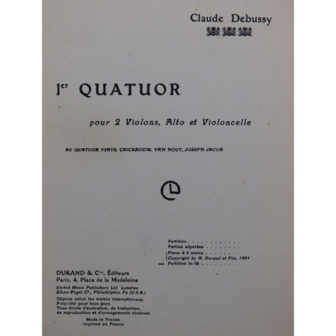 DEBUSSY Claude Quatuor No 1 Violon Alto Violoncelle 1967