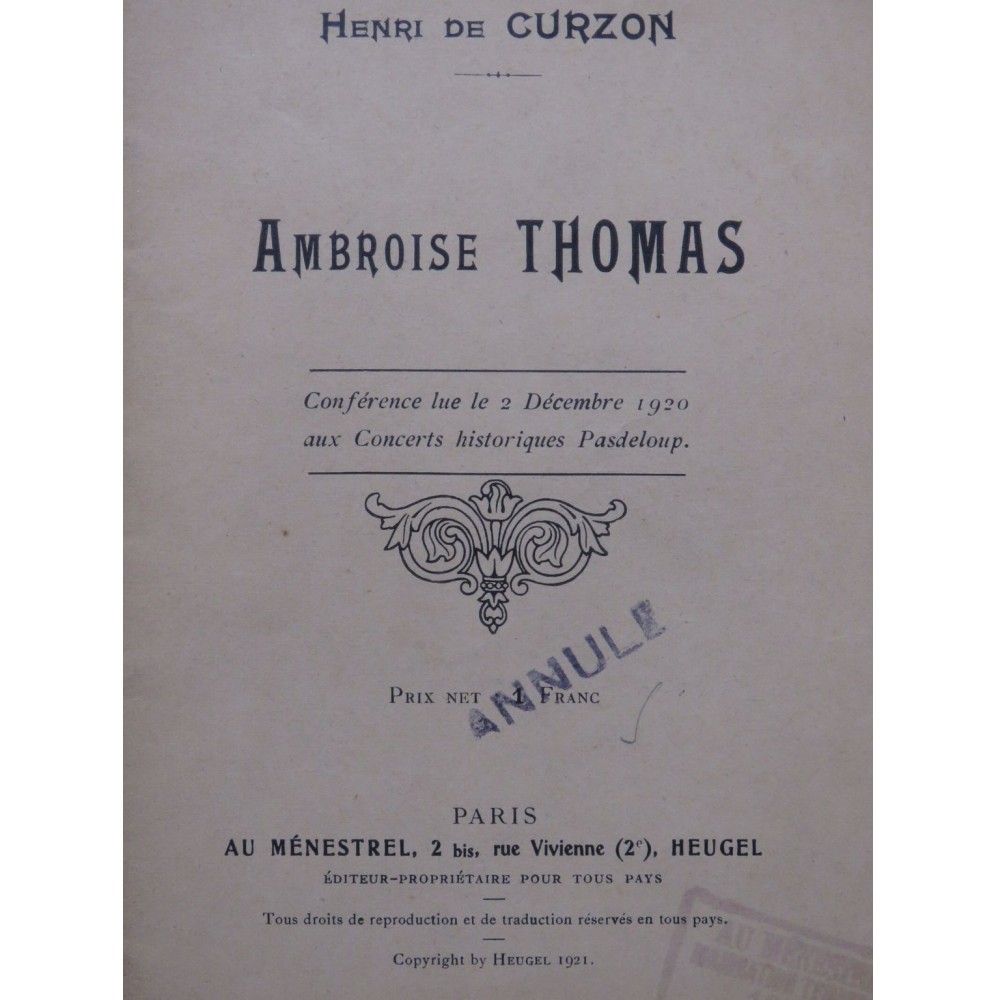 DE CURZON Henri Ambroise Thomas Conférence 1921